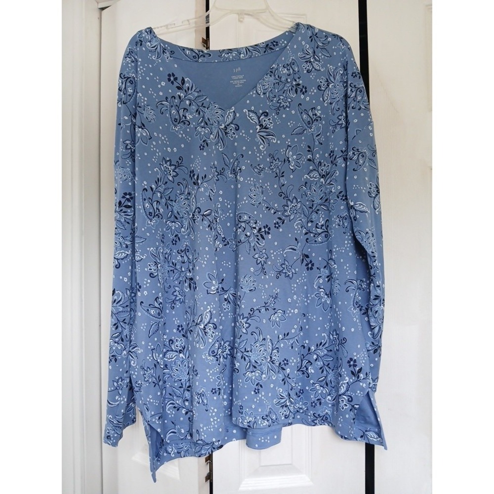 J. Jill Long Sleeve V-Neck Simply Supima Tunic Blue Floral Top Size 2X - Picture 5 of 5